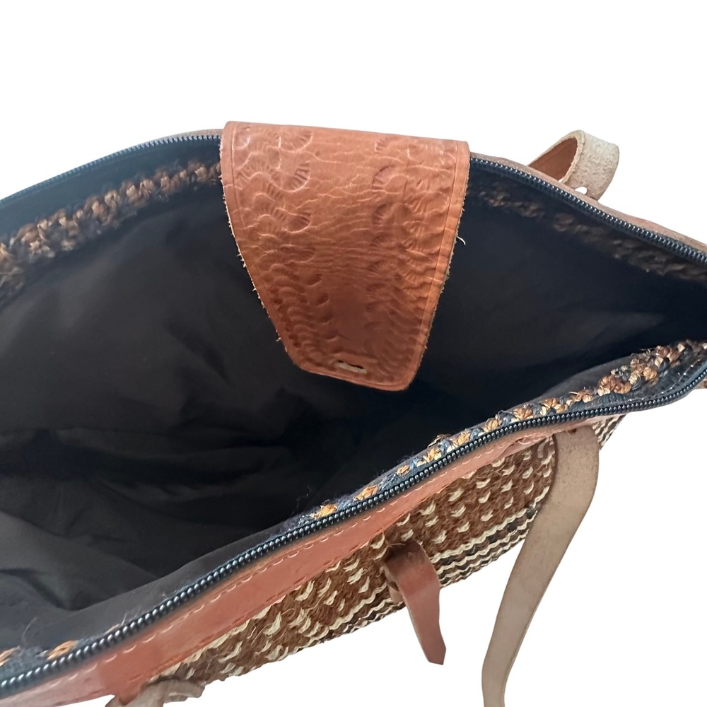 Handmade Woven Sisal Leather Tote Bag Brown Striped Boho Kiondo Shoulder Bag - Picture 3 of 8